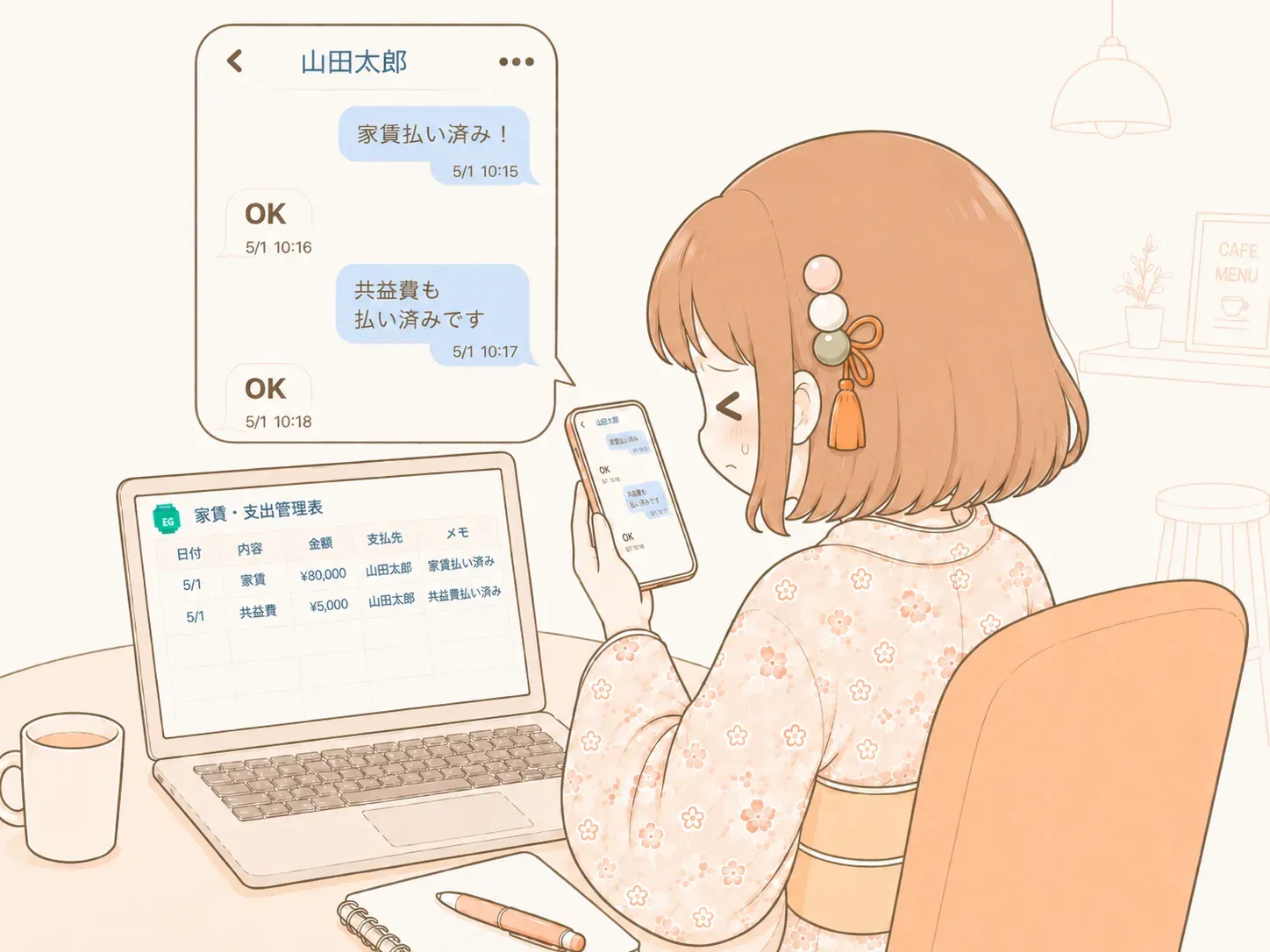 スプレッドシートやメッセージ履歴を見返して整理しているイメージのイラスト