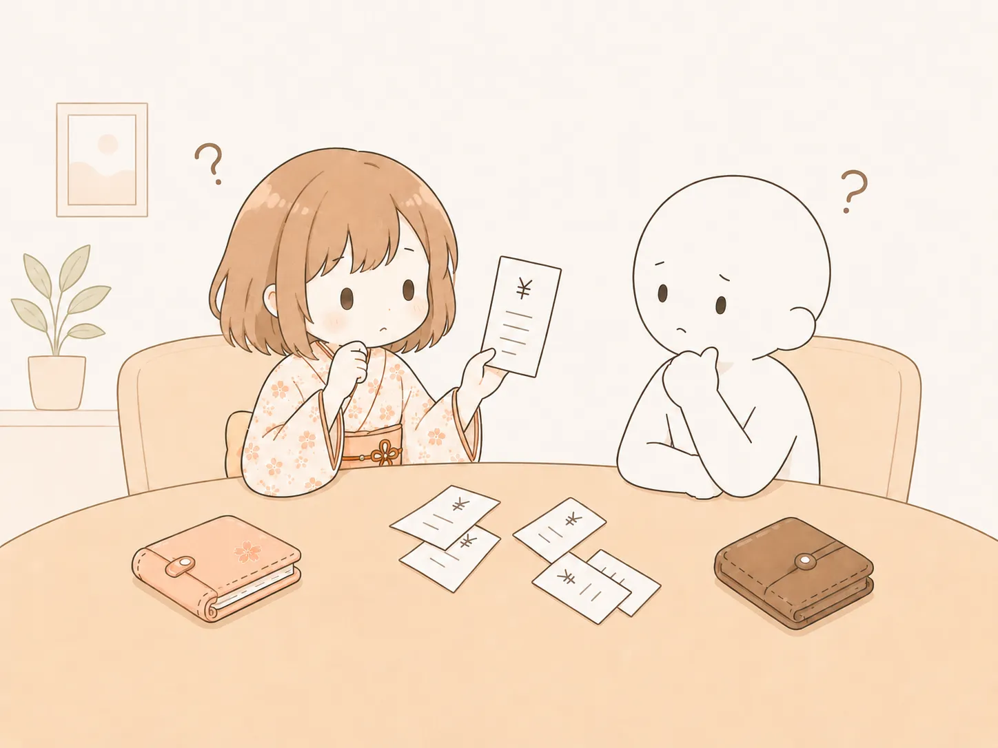 レシートを前に、誰が支払ったか悩んでいる2人のイラスト